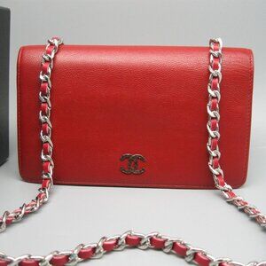 Vintage Chanel Red Caviar Leather Long Bag Wallet
